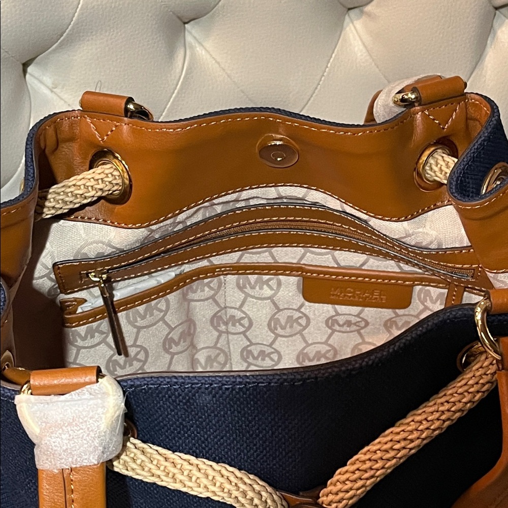 New Michael Kors Navy and Brown Tote Marina Shoulder Handbag Tote - Picture 10 of 12
